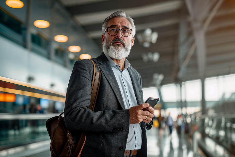 Older man with glasses holding his phone at train station
