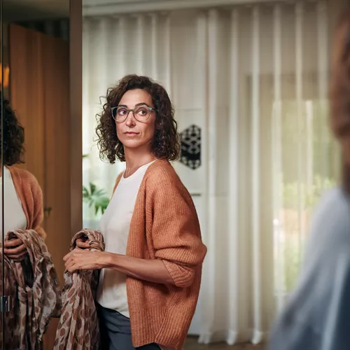Donna con cardigan arancione e occhiali che tiene una sciarpa davanti allo specchio