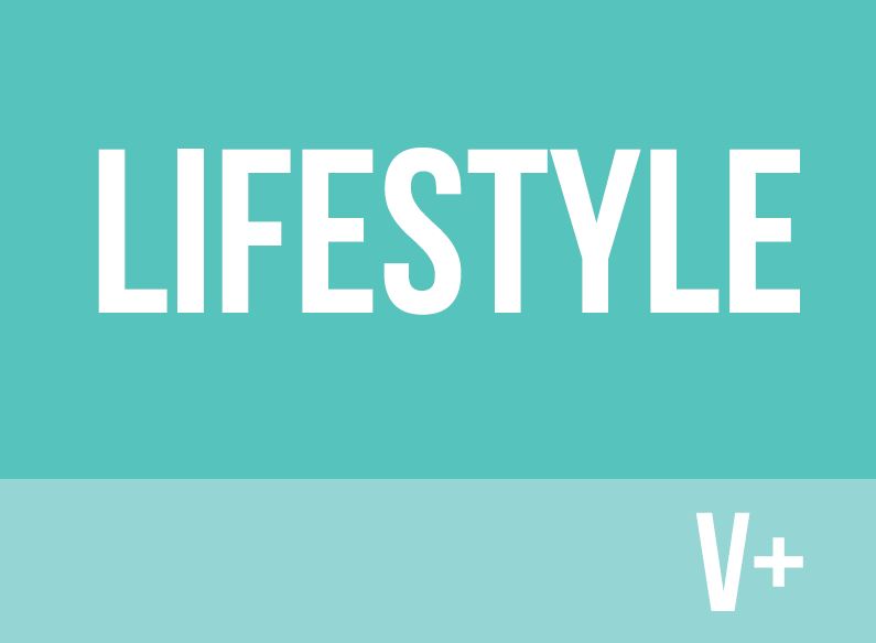 Turquoise background with lifestyle V+ written in white