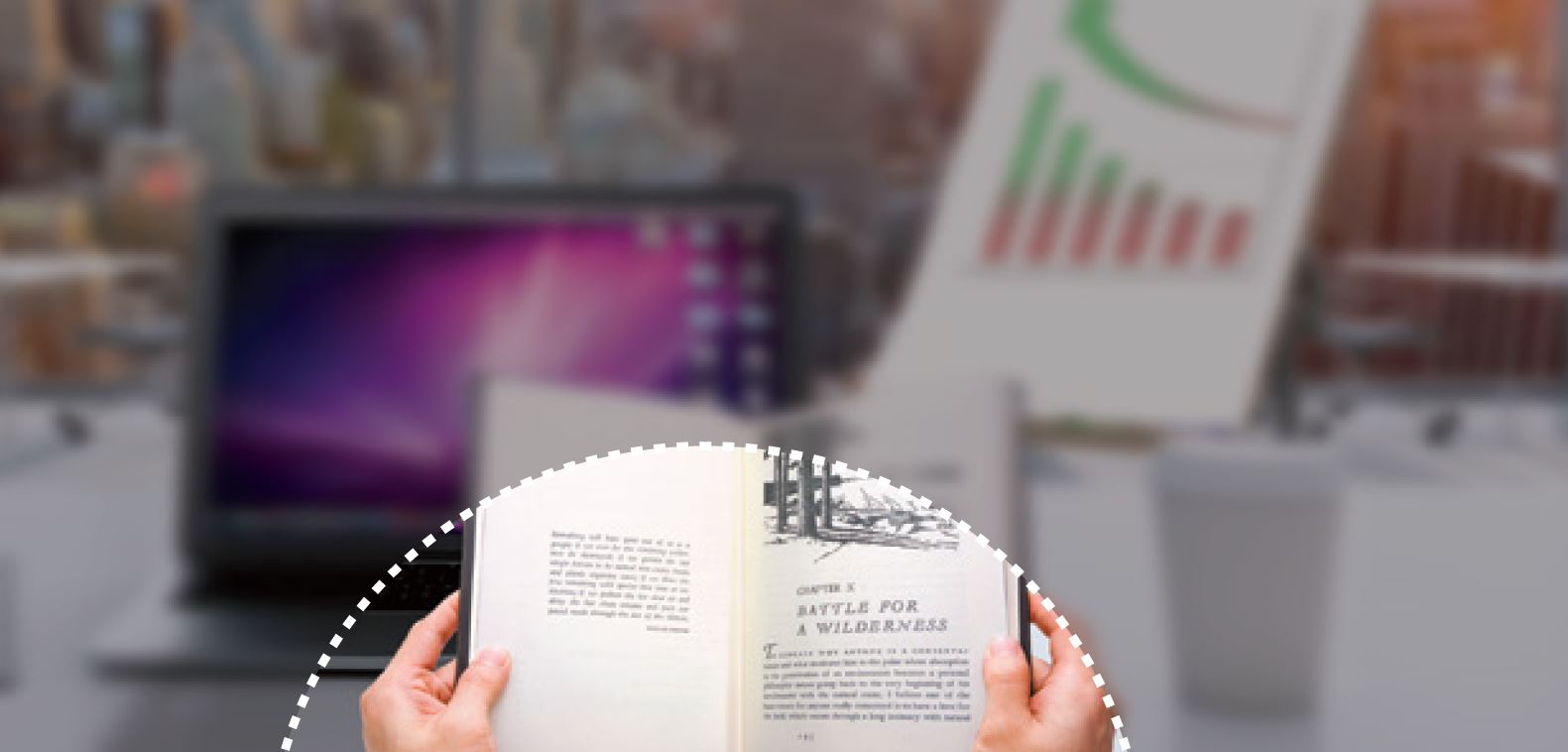 Blurred image of person reading with clear view at bottom through reading glass lens