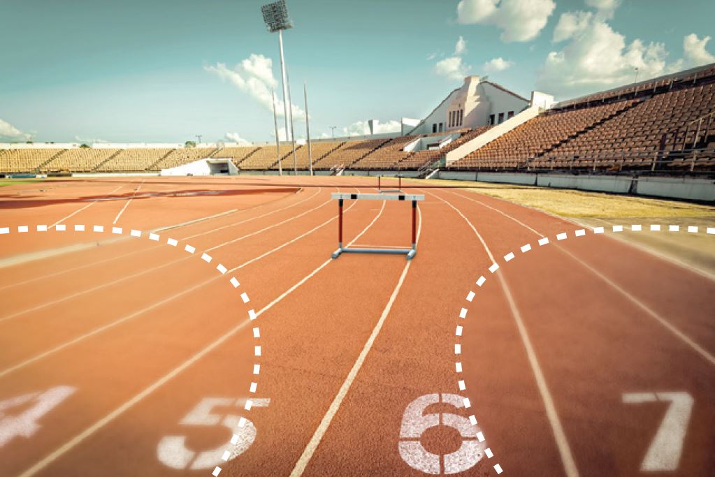 View of running track through lenses that are blurry at bottom