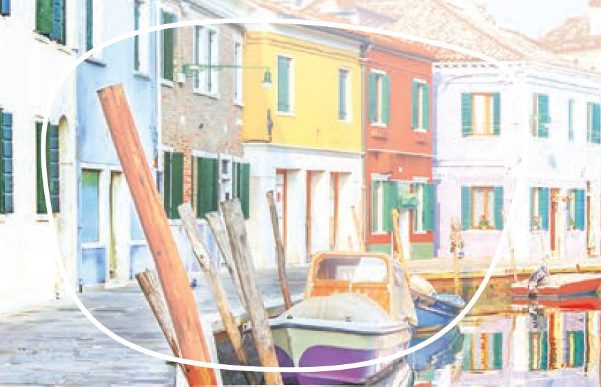 Painting of buildings through eyeglass lens