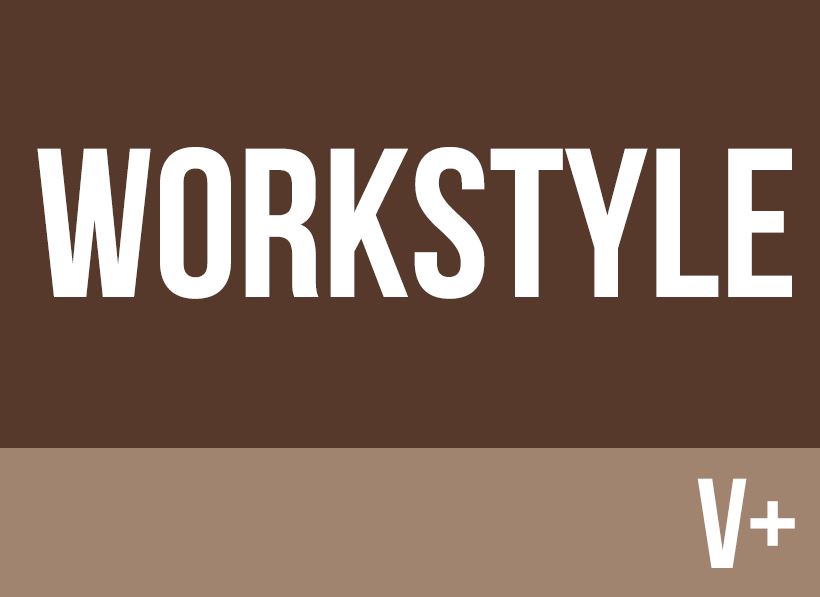 Brown background with workstyle v+ written in white