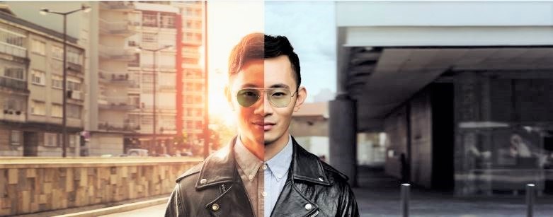 Male wearing eyeglasses - half normal lenses and half tinted lenses