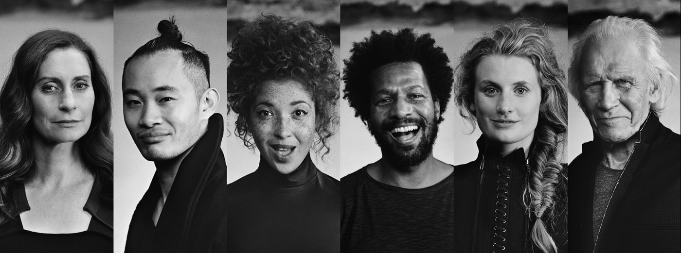 Black and white image collage of six people looking at camera
